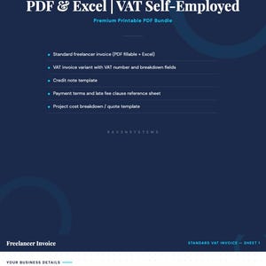 May include: A dark blue digital document titled "UK Freelancer Invoice Template PDF & Excel | VAT Self-Employed." The document includes a list of features, such as a standard freelancer invoice, VAT invoice variant, and credit note template. The document is a premium printable PDF bundle.