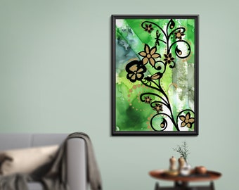 Flowers and Dragonfly Contemporary Art For Home Decor Green Black and Gold Forest Plants - Into The Forest