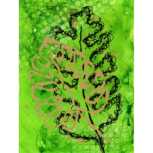 Digital Download Bright Green Abstract Leaf Art Print Contemporary Home Wall Decor Alcohol Ink Mixed Media Painting Printable Artwork