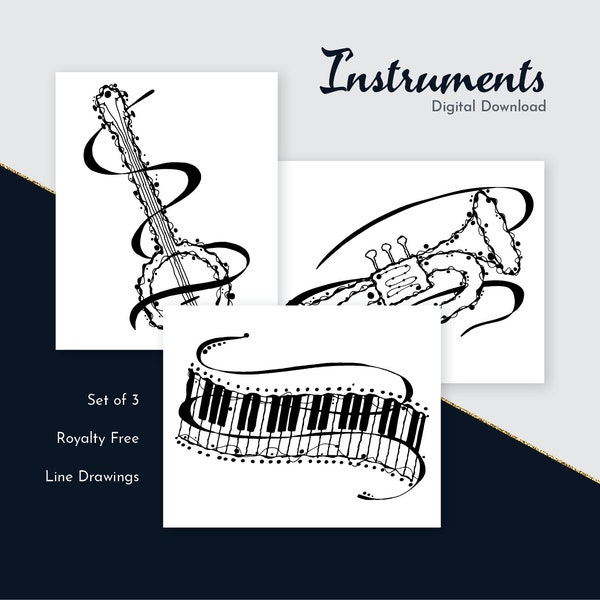 Music Instruments Digital Download Line Drawing Clipart Set Of 3 Reusable Artwork For Creating Handmade Whimsical Banjo Keyboard Trumpet Art