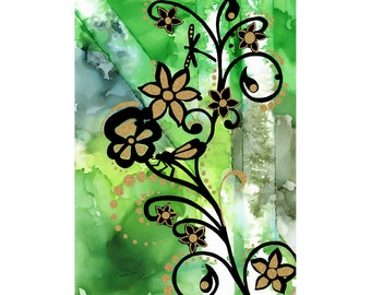 Digital Download Dragonflies and Flower Wall Art Of Alcohol Ink and Paint Pen - Green and Black With Gold Texture - Into The Forest