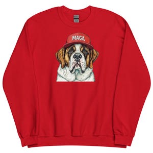 St Bernard Wearing MAGA Hat Sweatshirt, Long Sleeve Crewneck Pullover Sweater, Funny Trump MAGA Christmas Shirt, Saint Bernard Gifts