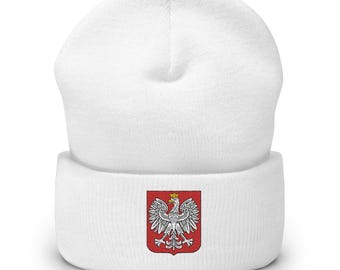 ポーランドの紋章入りビーニー帽、刺繍入りカフ付き冬用ビーニー帽、ポーランドギフト、ポルスカ、ポーランド系アメリカ人ギフト、マルチカラー