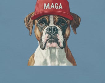 Boxer Dog Wearing MAGA Hat Shirt, Crewneck Short Sleeve DTG Printed Tshirt, Dogs for Trump, Boxer Tshirt, MAGA Dog Shirt, Multiple Colors