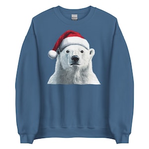 Polar Bear Sweatshirt, Crewneck Long Sleeve Pullover Sweater, Christmas Bear Sweatshirt, Polar Bear Wearing Santa Hat, Polar Bear North Pole