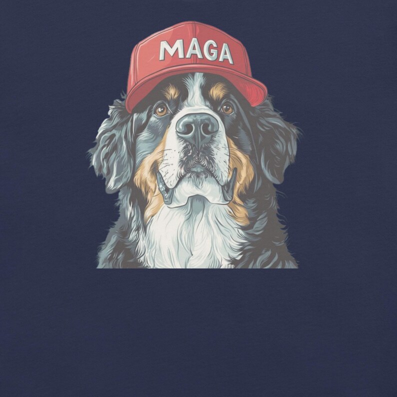 Bernese Mountain Dog Wearing MAGA Hat Shirt, Crewneck Short Sleeve DTG Printed Tshirt, Dogs for Trump, MAGA Dog Tshirt, Mountain Dog Shirt