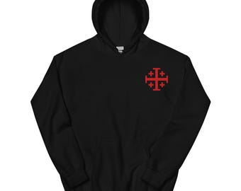 Crusader Cross Hoodie, EMBROIDERED Jerusalem Cross Long Sleeve Hooded Sweatshirt, Knights Templar, Deus Vult, Christian Men's Gifts