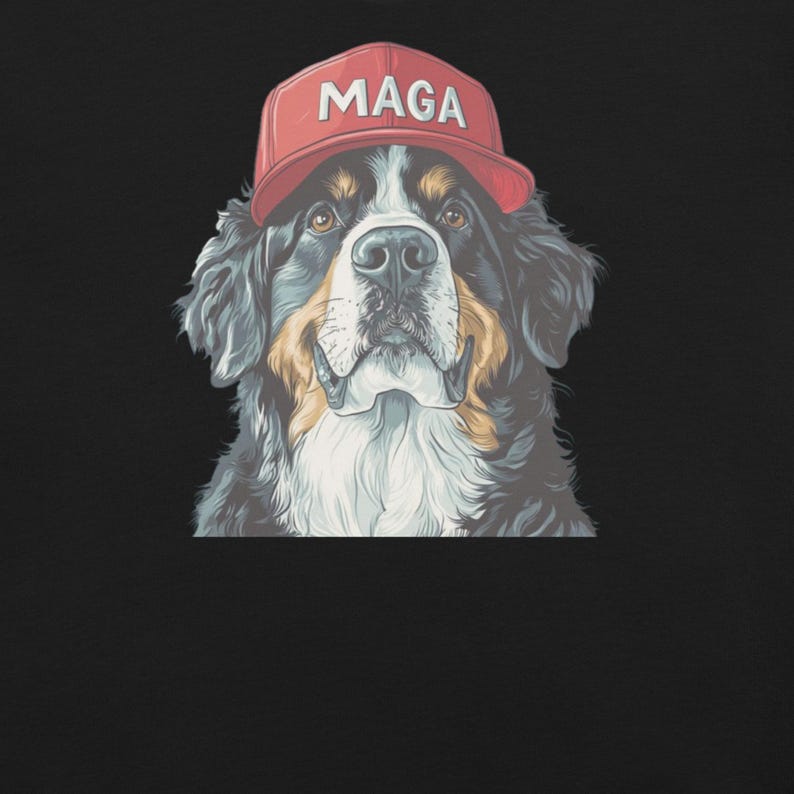 Bernese Mountain Dog Wearing MAGA Hat Shirt, Crewneck Short Sleeve DTG Printed Tshirt, Dogs for Trump, MAGA Dog Tshirt, Mountain Dog Shirt