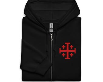Crusader Cross Zip Up Hoodie, EMBROIDERED Jerusalem Cross Long Sleeve Hooded Sweatshirt, Knights Templar, Deus Vult, Christian Men's Gifts