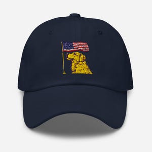 EMBROIDERED Yellow Lab Hat, Patriotic Labrador Dog Holding American Flag Dad Cap, July 4 Hat, Funny Dog Hat