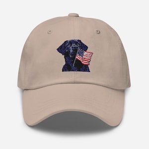 Black Lab EMBROIDERED Hat, Patriotic Labrador Dog Holding American Flag Dad Cap, Patriotic July 4 Hat, Multiple Colors