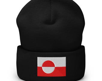 Greenland Beanie, Greenlandic Flag Embroidered Cuffed Winter Beanie Hat, Greenland Gifts, Multiple Colors