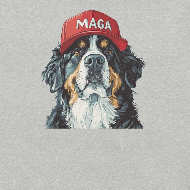 Bernese Mountain Dog Wearing MAGA Hat Shirt, Crewneck Short Sleeve DTG Printed Tshirt, Dogs for Trump, MAGA Dog Tshirt, Mountain Dog Shirt