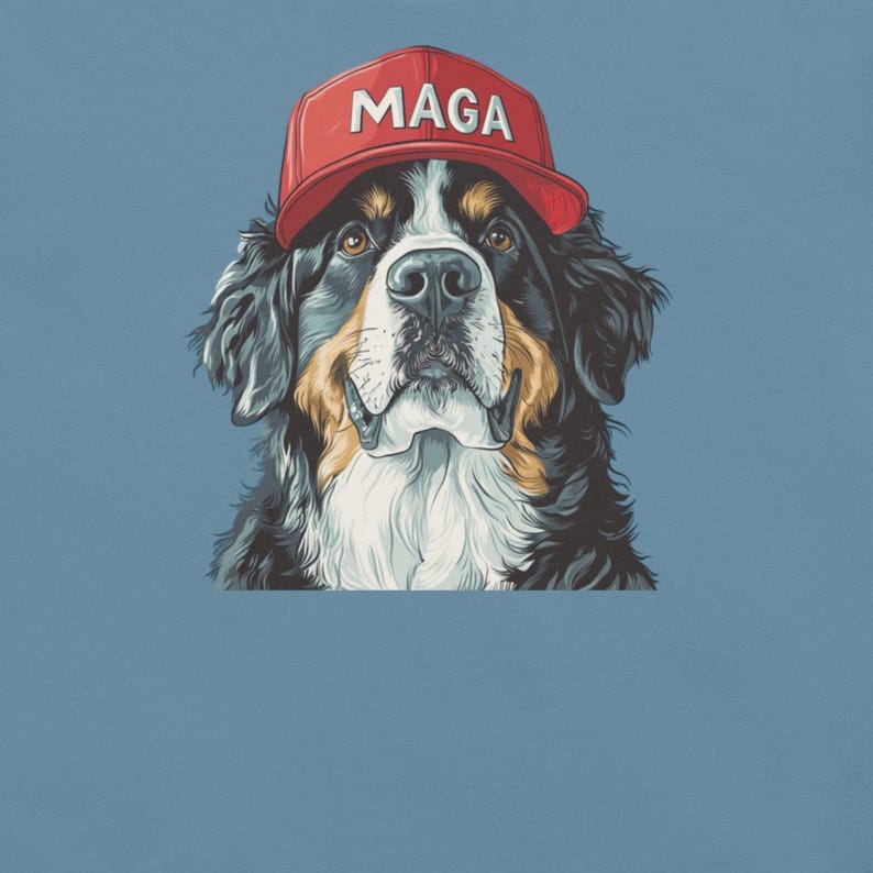 Bernese Mountain Dog Wearing MAGA Hat Shirt, Crewneck Short Sleeve DTG Printed Tshirt, Dogs for Trump, MAGA Dog Tshirt, Mountain Dog Shirt