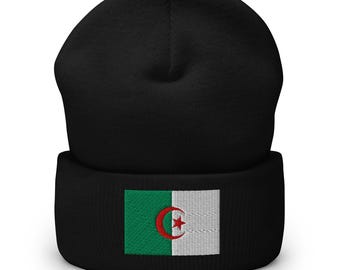 Algeria Beanie, Algerian Flag Embroidered Cuffed Beanie Hat, Algerian Gifts, Algeria Soccer World Cup, Multiple Colors