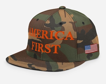 Camo AMERICA FIRST Hat, USA Flag Embroidered Adjustable Camouflage Snapback Cap