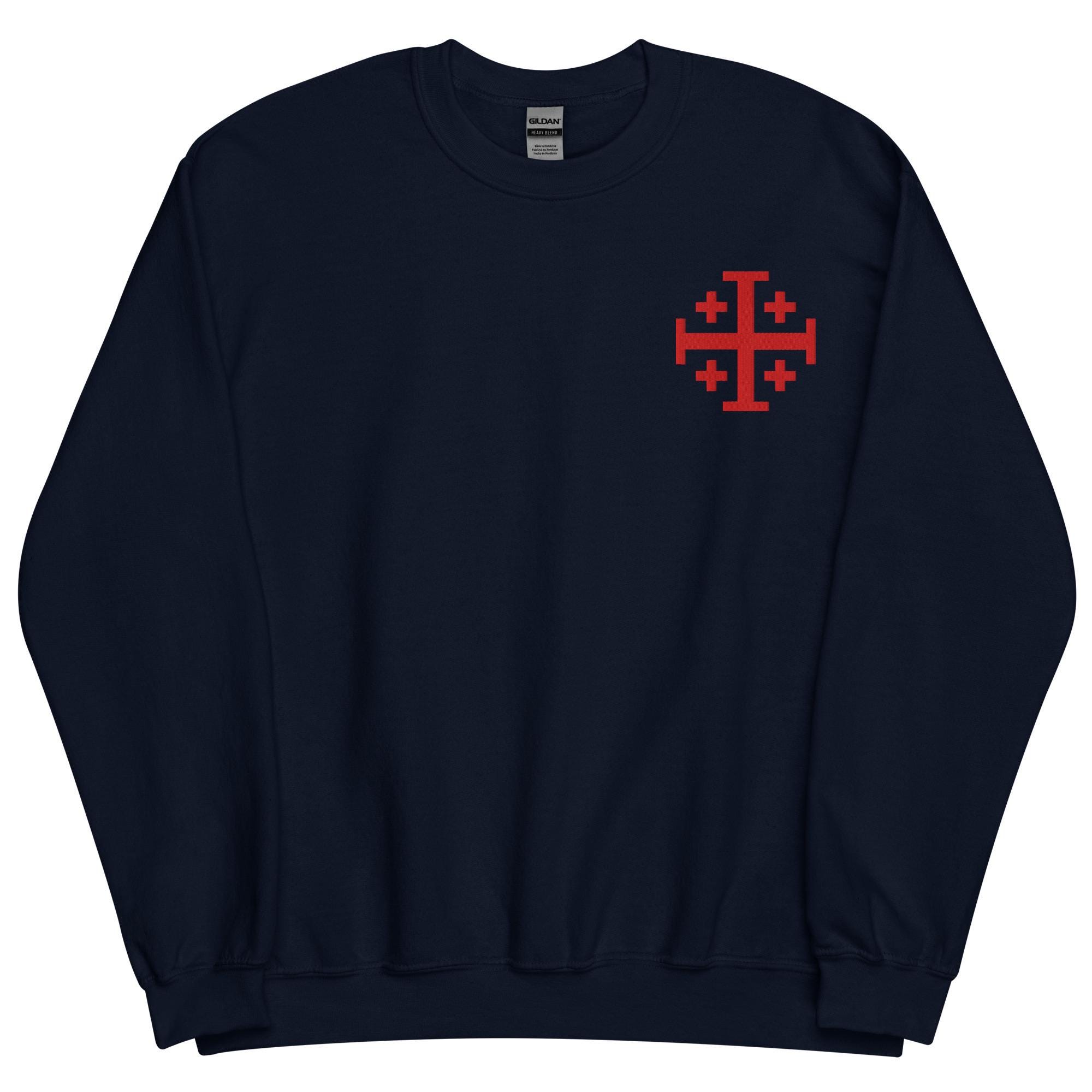Crusader Cross Sweatshirt, EMBROIDERED Jerusalem Cross Long Sleeve 