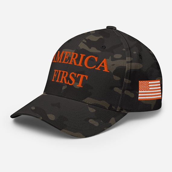 Camo AMERICA FIRST Hat, USA Flag Embroidered Structured Camouflage