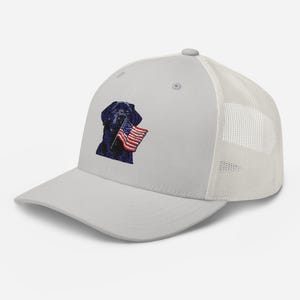 Black Lab EMBROIDERED Trucker Hat, Labrador Dog Holding American Flag Cap, Patriotic Trucker Hats, Gift for Labrador Moms & Dads