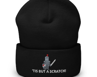 Tis But A Scratch Mütze, gestickte Wintermütze mit Manschette, lustiges Monti Python Filmzitat, Filmfangeschenk, mehrere Farben