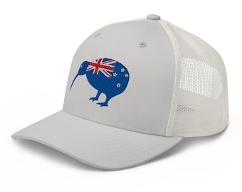 Kiwi Bird New Zealand Flag Hat, Embroidered Adjustable Mesh Back Trucker Cap, New Zealand Gifts, Kiwi Bird, Multiple Colors