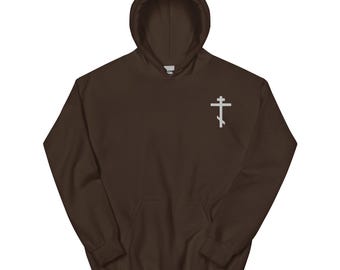 Griechisch östlicher Kreuz Hoodie, GESTICKTER Pullover mit Kapuze Sweatshirt, christliche Geschenke Männer, drei Stangen-Kreuz, katholische christliche Geschenke