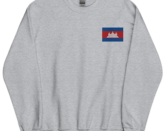 Cambodia Sweatshirt, Cambodian Flag Embroidered Long Sleeve Crewneck Sweater, Cambodia Gifts, Cambodian American, Multiple Colors