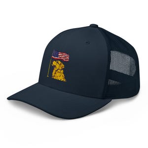 EMBROIDERED Yellow Lab Hat, Patriotic Labrador Dog Holding American Flag Trucker Cap, Patriotic Trucker Hats