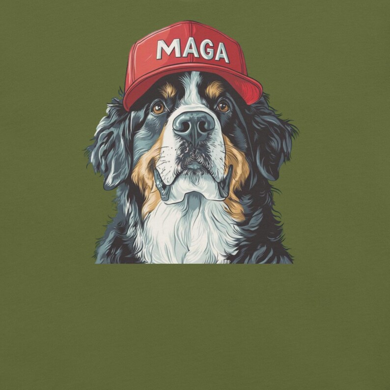 Bernese Mountain Dog Wearing MAGA Hat Shirt, Crewneck Short Sleeve DTG Printed Tshirt, Dogs for Trump, MAGA Dog Tshirt, Mountain Dog Shirt