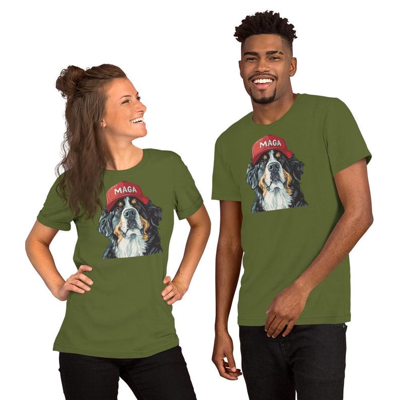 Bernese Mountain Dog Wearing MAGA Hat Shirt, Crewneck Short Sleeve DTG Printed Tshirt, Dogs for Trump, MAGA Dog Tshirt, Mountain Dog Shirt