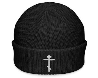Griechisch östliche Kreuz Mütze, gestickte gerippte Fischer Mütze, Christliche Geschenke Männer, Drei Stangen Kreuz, kybernetischer Christ, mehrere Farben
