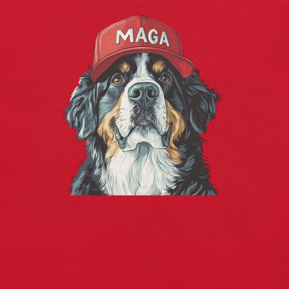 Bernese Mountain Dog Wearing MAGA Hat Shirt, Crewneck Short Sleeve DTG Printed Tshirt, Dogs for Trump, MAGA Dog Tshirt, Mountain Dog Shirt