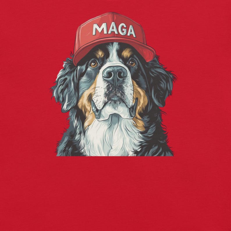 Bernese Mountain Dog Wearing MAGA Hat Shirt, Crewneck Short Sleeve DTG Printed Tshirt, Dogs for Trump, MAGA Dog Tshirt, Mountain Dog Shirt