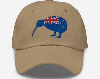 New Zealand Kiwi Bird Flag Hat, EMBROIDERED Adjustable Cotton Dad Cap, New Zealand Gifts, Kiwi Bird Embroidery, Multiple Colors