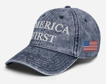 AMERICA FIRST Hat, Patriotic USA Embroidered Adjustable Vintage Cotton Twill Cap, America First Gifts, Multiple Colors