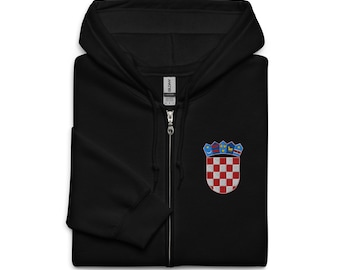 Croatian Coat of Arms Zip Hoodie, EMBROIDERED Hooded Zip-Up Sweatshirt, Croatia Gifts, Croatian American, Hrvatska, Multiple Colors
