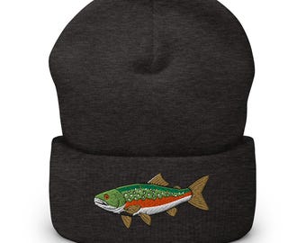 Gorro de invierno con puños bordados para trucha de arroyo, regalo para trucha de arroyo, gorro de pesca, varios colores