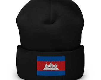 Cambodia Beanie, Cambodian Flag Embroidered Cuffed Beanie Hat, Cambodia Gifts, Cambodian American, Multiple Colors