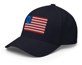 Betsy Ross Flag Hat, Embroidered Structured Flexfit Cap, 1776 American Flag Hat, 1776 2026, Multiple Colors