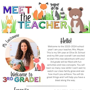 Conozca la carta de bienvenida temática Teacher Woodland Animal; plantilla editable para los grados PK a 8, plantilla de zorro, mapache y oso