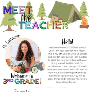 Conozca la plantilla editable de carta de bienvenida con el tema Teacher Camping para los grados PK a 8