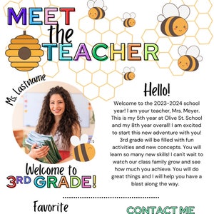 Conozca la carta de bienvenida temática Teacher Honeybee; plantilla editable para los grados PK a 8, plantilla Beehive