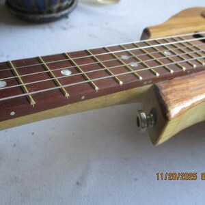 May include: Close-up of a wooden stringed instrument's fretboard. The fretboard is a dark brown colour with white dot inlays. The strings are silver and the frets are gold. The instrument's body is a light brown colour.