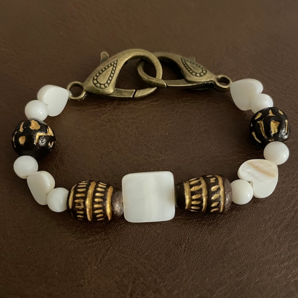 Shell, Brown & Gold Clay Bead Bracelet • Inspired By African King Of Mali, Mansa Musa’s Exquisite Gold • Stretch Bracelet With XL Clasp