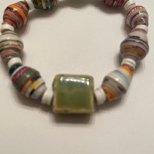Uganda Recycled Paper Bead Bracelet With Glazed Green Porcelain Square.