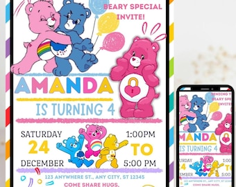 Rainbow Bear Birthday Invitation | Care Bear Party, Kids Printable (Digital Download)