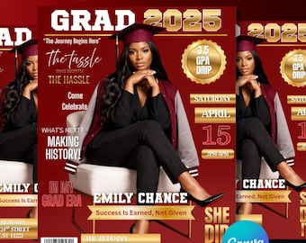 Graduation Magazine Cover Template 2025, Luxury Senior Party Announcement (Canva Download)