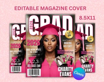 Pink Graduation Magazine Cover Template, Editable Grad Party Invite, Senior Girl 2026 Canva Template, Class of 2026 Announcement, Grad Magaz