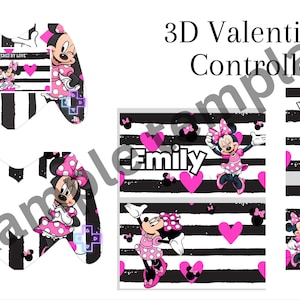 May include: A Valentine's Day-themed controller design featuring Minnie Mouse. The design includes black and white stripes, pink hearts, and the text "3D Valentine's Controller". The controller is decorated with Minnie Mouse in a pink dress.