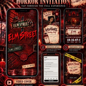 May include: An interactive digital horror invitation displayed on multiple smartphone screens. The design features dark red tones, Elm Street signage, claw marks, and text including "Interactive Horror Invitation," "Tap to Enter," "Nightmare Birthday Party," "RSVP," and "Wrong Room."
